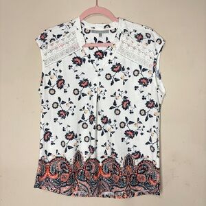 DANIEL RAINN Swiss Dot Floral Boho Cap Sleeve V-Neck Top, Medium